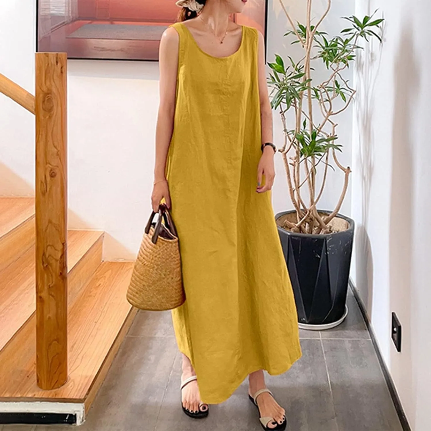 BAXLIMEK Maxi Dresses for Women,2023 Spring Summer Trendy Plain Cotton Linen Dress,Casual Boho Plus Size Beach Dress