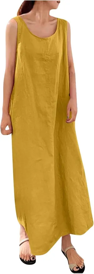 BAXLIMEK Maxi Dresses for Women,2023 Spring Summer Trendy Plain Cotton Linen Dress,Casual Boho Plus Size Beach Dress