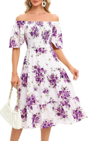 Bbonlinedress Womens Casual Floral Summer Smocked Beach Party Boho Midi Square Neck Dress