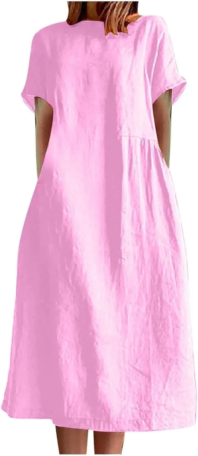 Beach Dresses for Women 2025 Vacation Summer Short Sleeve Cotton Linen Midi Dress Flowy Dresses Shirt Dress with Pocket