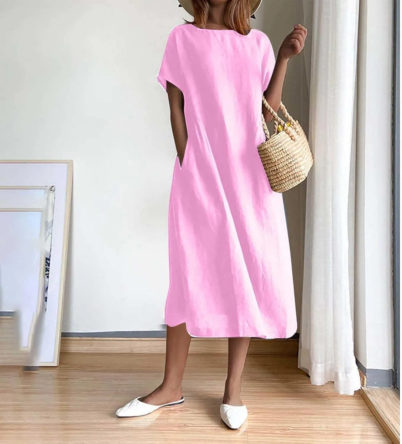 Beach Dresses for Women 2025 Vacation Summer Short Sleeve Cotton Linen Midi Dress Flowy Dresses Shirt Dress with Pocket