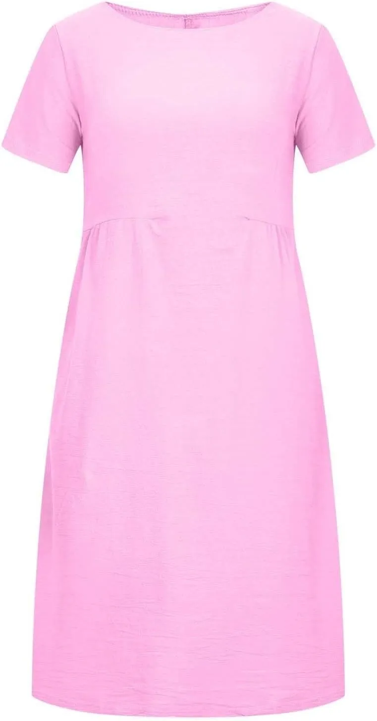 Beach Dresses for Women 2025 Vacation Summer Short Sleeve Cotton Linen Midi Dress Flowy Dresses Shirt Dress with Pocket