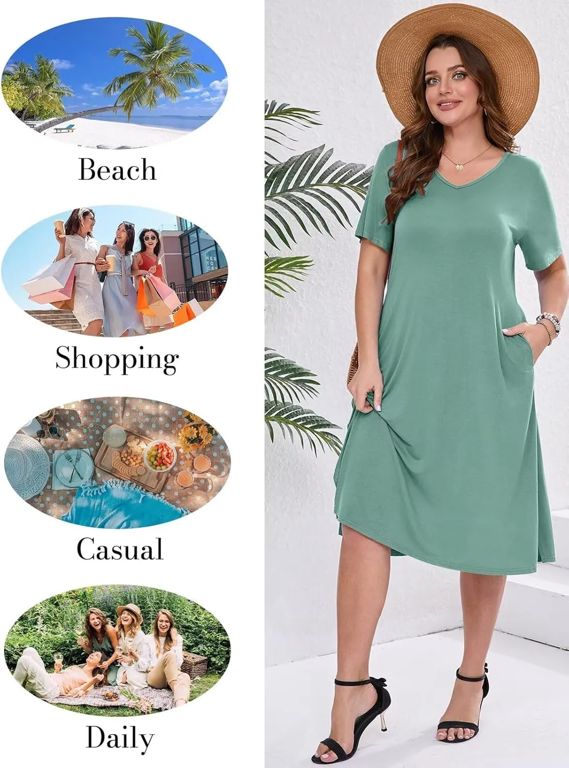 BELAROI Womens Plus Size Midi Dress Summer Dresses V Neck Short Sleeve Casual Long T Shirt Dress Beach Pockets Split