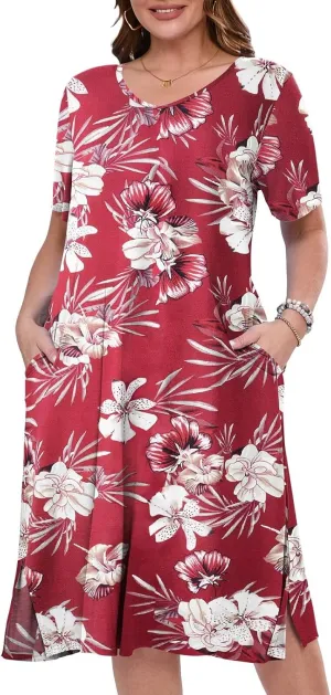 BELAROI Womens Plus Size Midi Dress Summer Dresses V Neck Short Sleeve Casual Long T Shirt Dress Beach Pockets Split