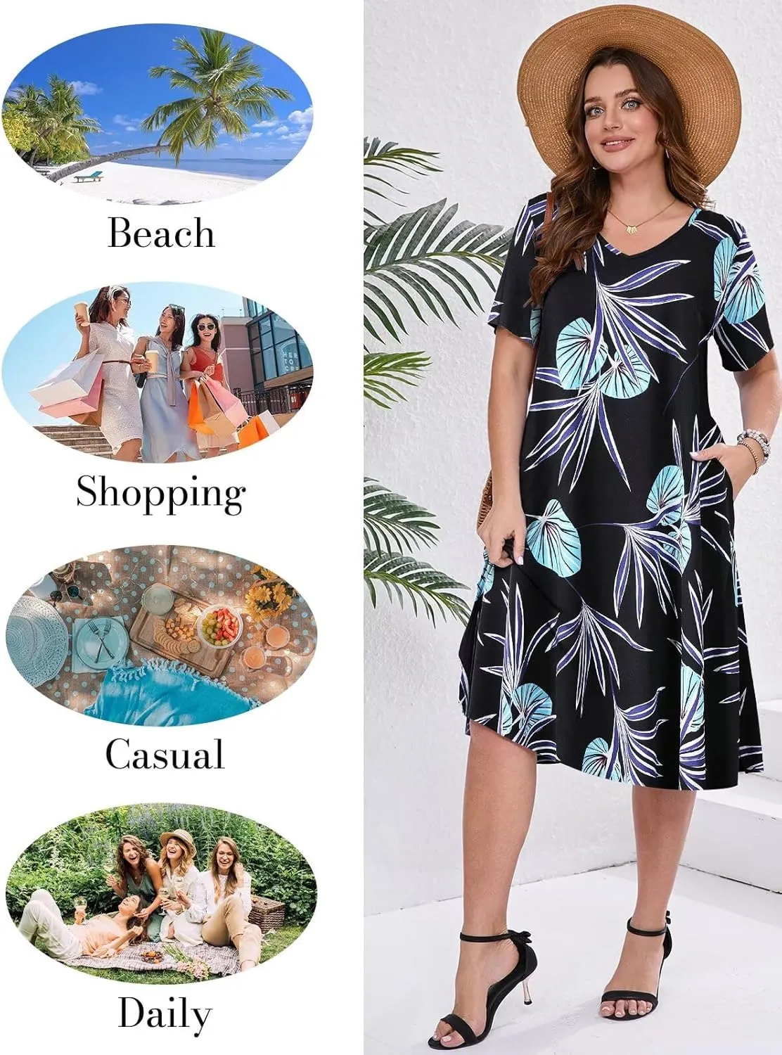 BELAROI Womens Plus Size Midi Dress Summer Dresses V Neck Short Sleeve Casual Long T Shirt Dress Beach Pockets Split