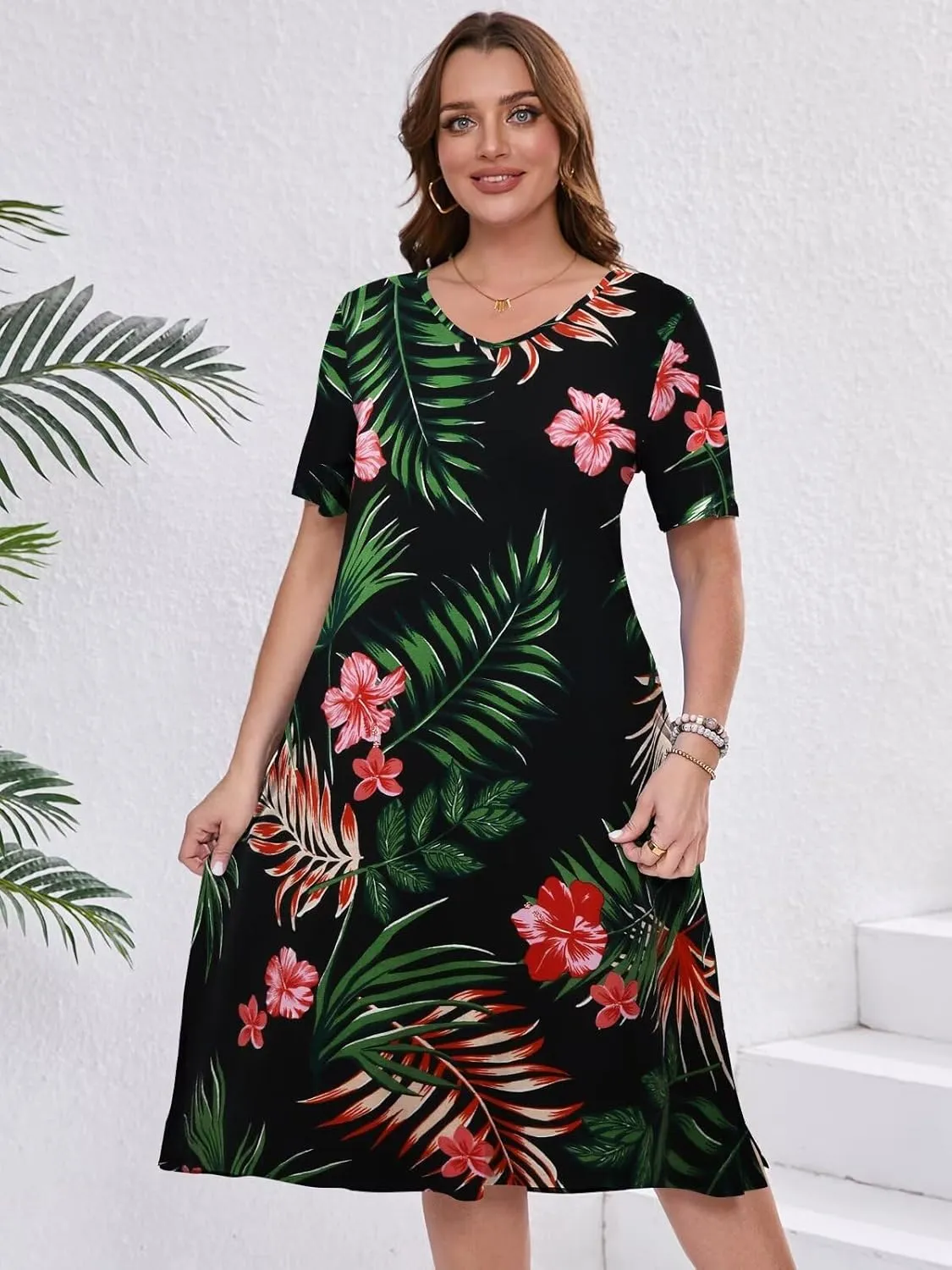 BELAROI Womens Plus Size Midi Dress Summer Dresses V Neck Short Sleeve Casual Long T Shirt Dress Beach Pockets Split