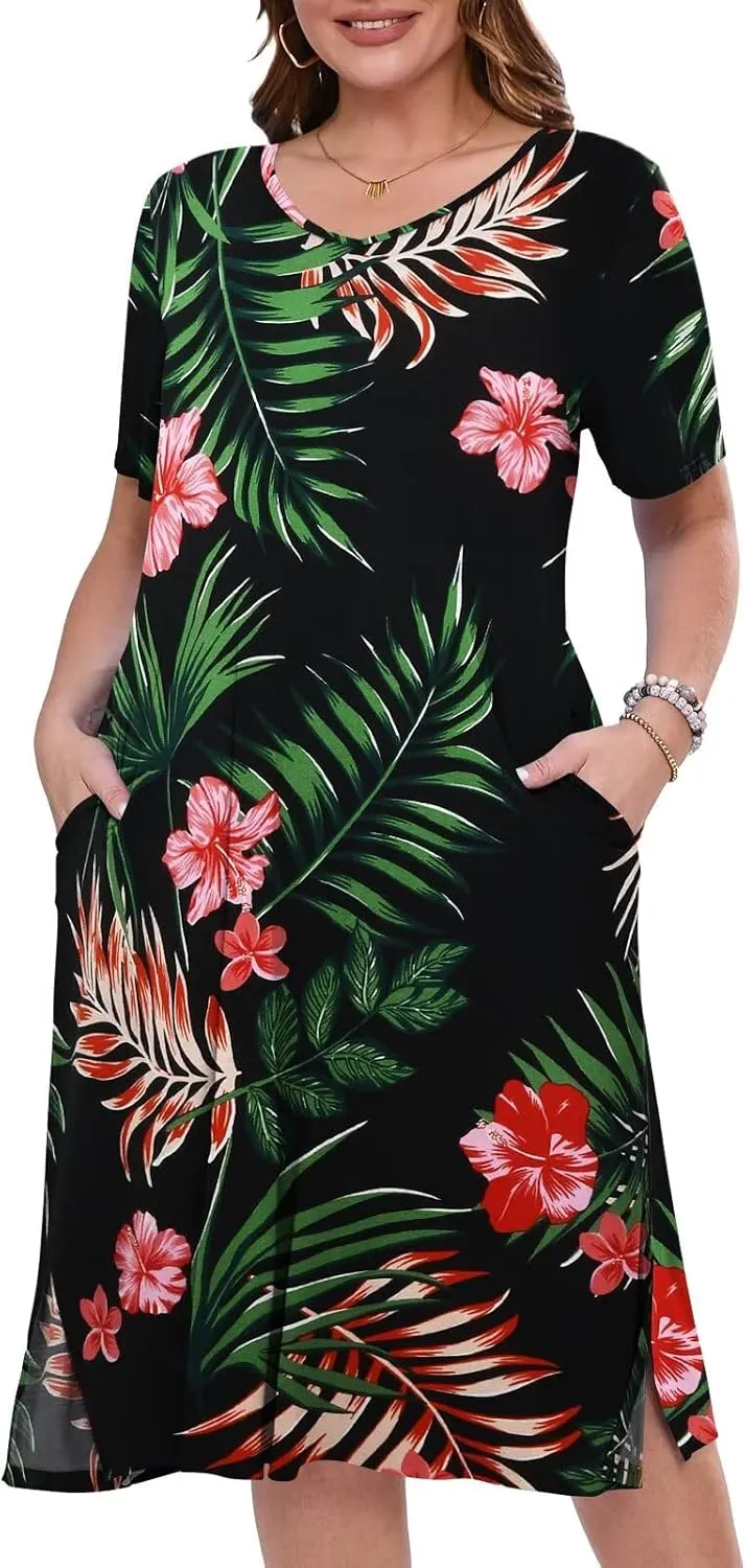 BELAROI Womens Plus Size Midi Dress Summer Dresses V Neck Short Sleeve Casual Long T Shirt Dress Beach Pockets Split