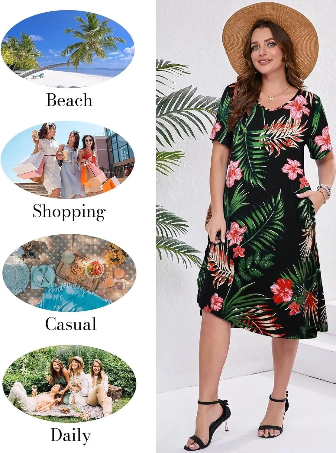 BELAROI Womens Plus Size Midi Dress Summer Dresses V Neck Short Sleeve Casual Long T Shirt Dress Beach Pockets Split