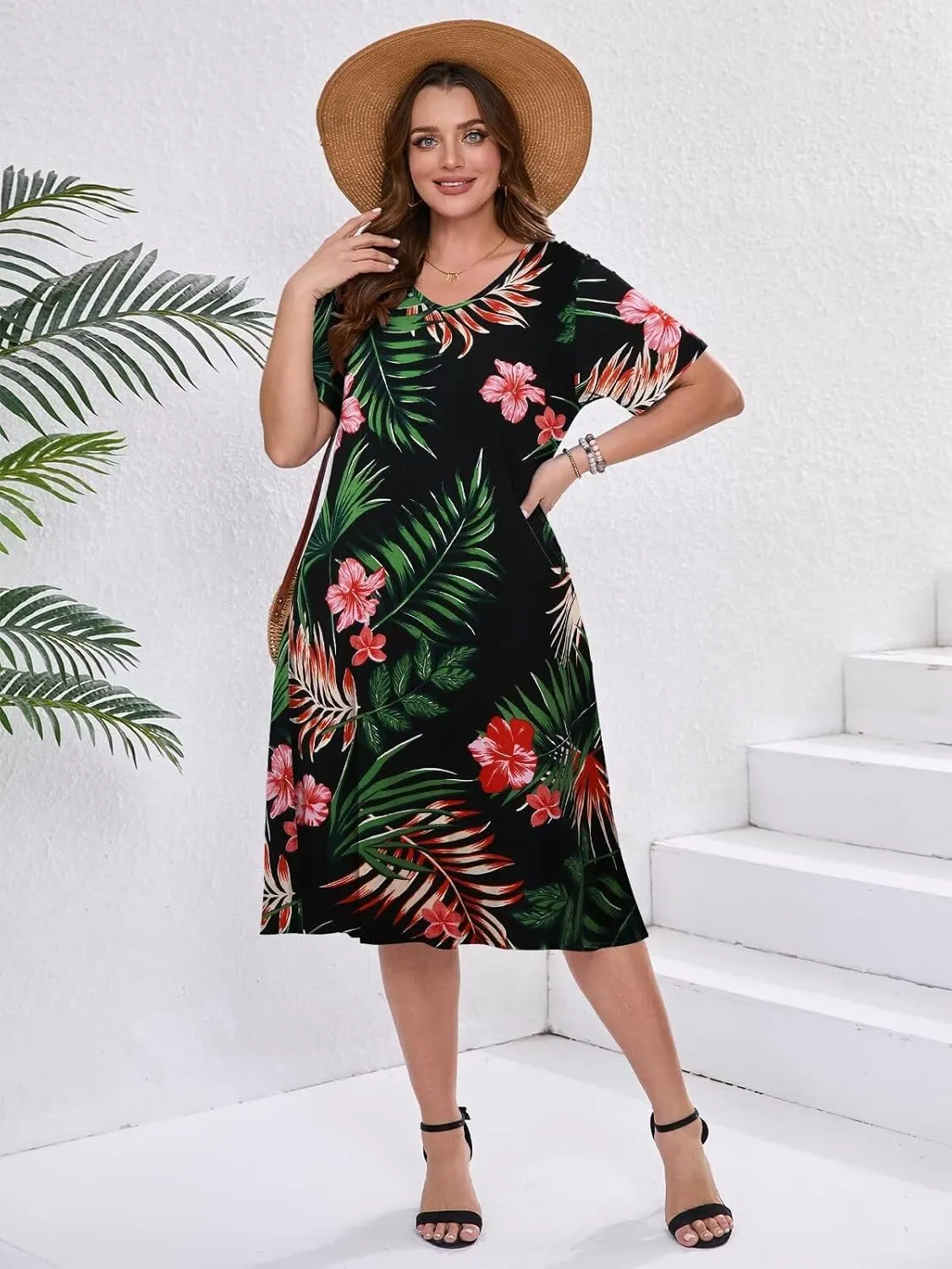 BELAROI Womens Plus Size Midi Dress Summer Dresses V Neck Short Sleeve Casual Long T Shirt Dress Beach Pockets Split