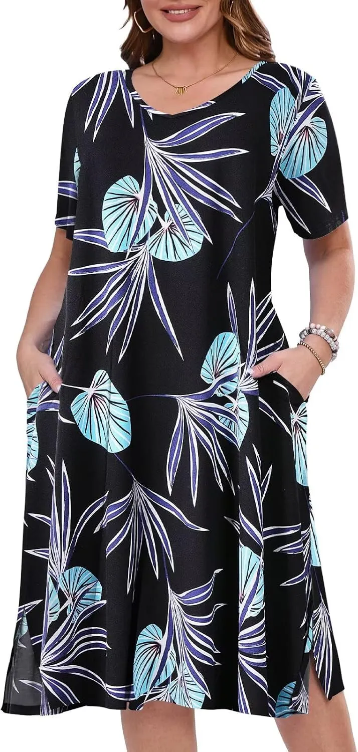 BELAROI Womens Plus Size Midi Dress Summer Dresses V Neck Short Sleeve Casual Long T Shirt Dress Beach Pockets Split