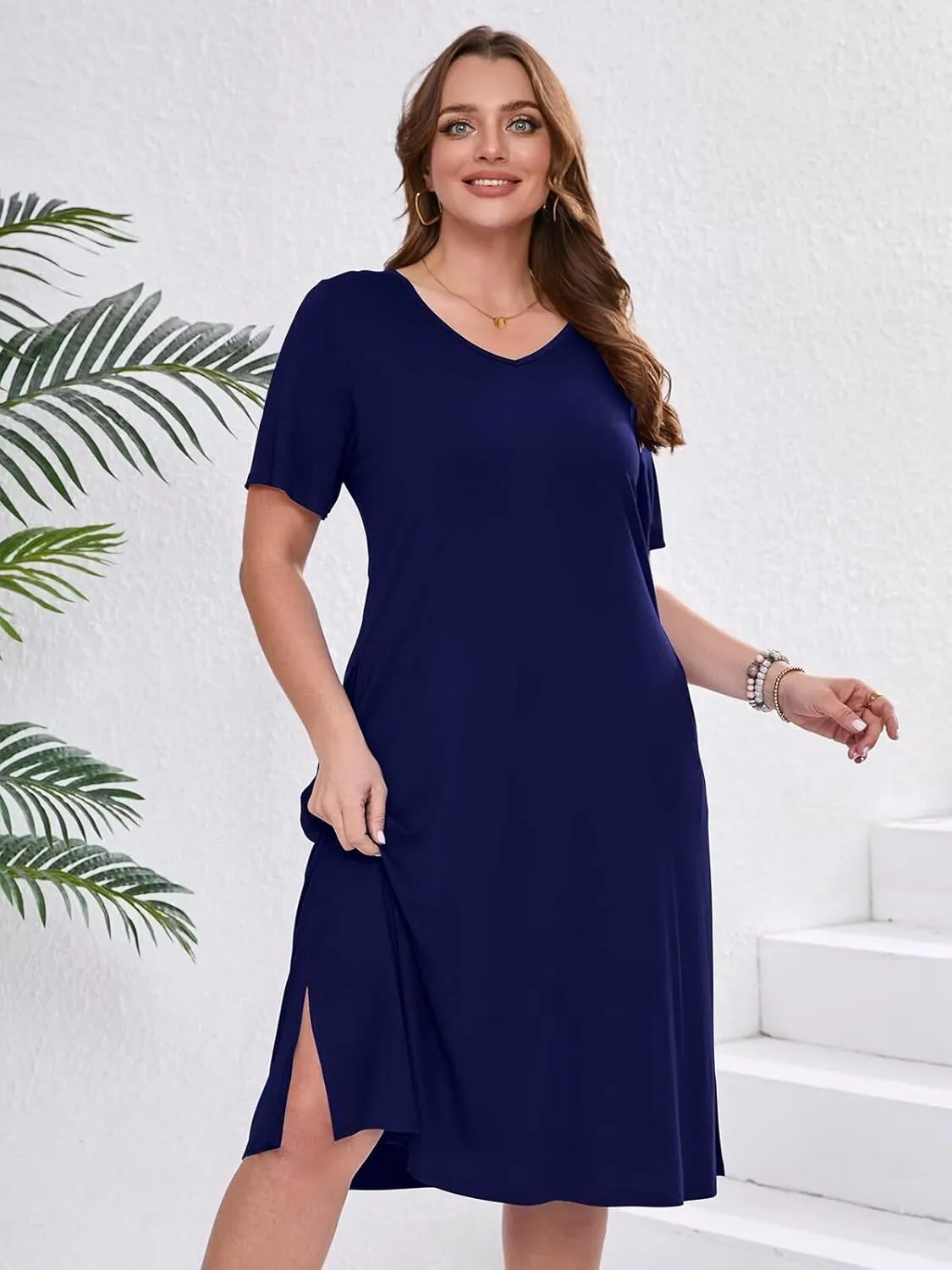 BELAROI Womens Plus Size Midi Dress Summer Dresses V Neck Short Sleeve Casual Long T Shirt Dress Beach Pockets Split