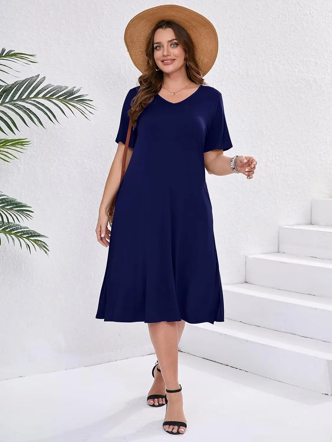 BELAROI Womens Plus Size Midi Dress Summer Dresses V Neck Short Sleeve Casual Long T Shirt Dress Beach Pockets Split