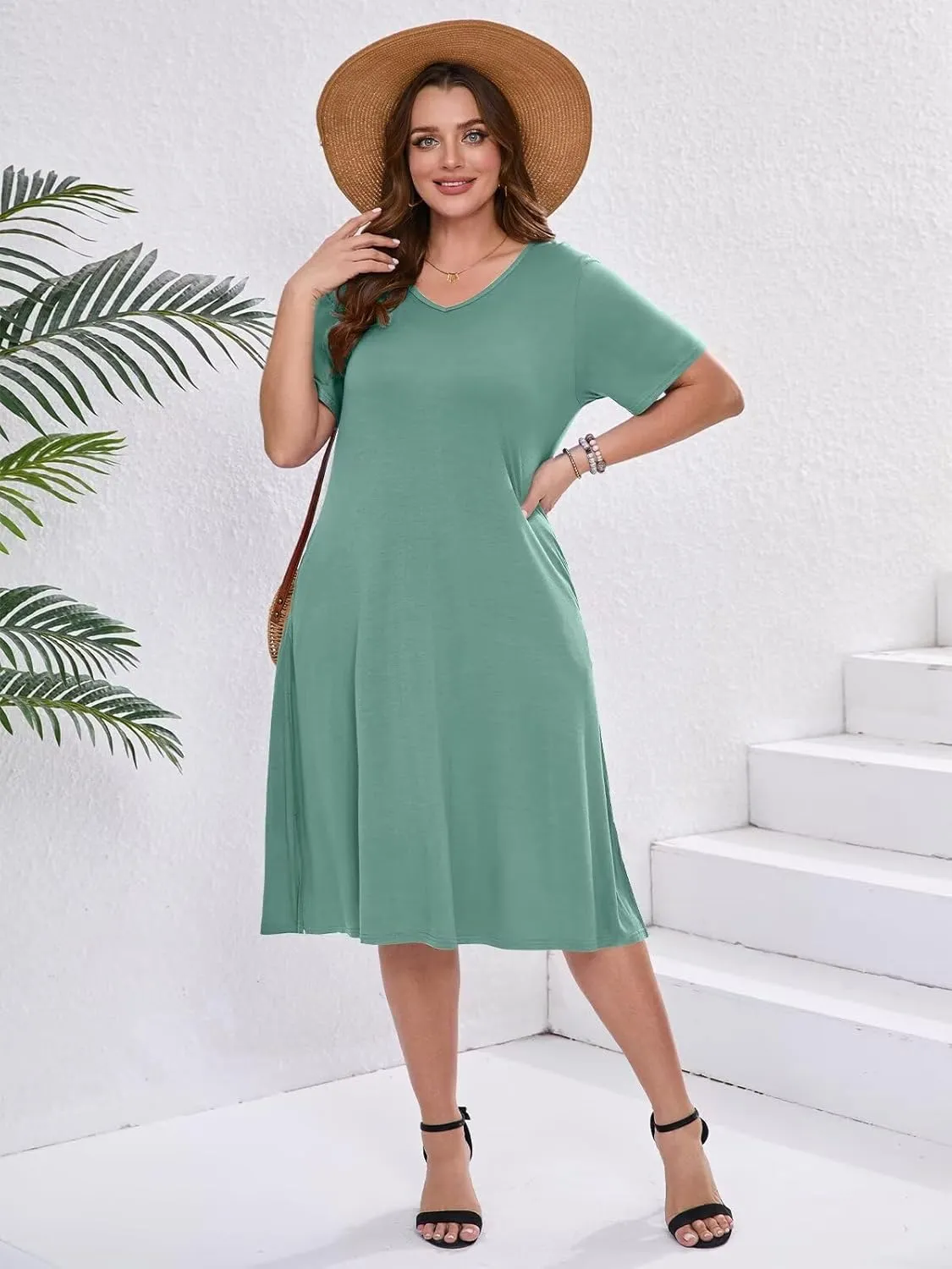 BELAROI Womens Plus Size Midi Dress Summer Dresses V Neck Short Sleeve Casual Long T Shirt Dress Beach Pockets Split