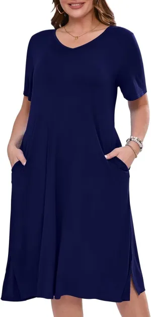 BELAROI Womens Plus Size Midi Dress Summer Dresses V Neck Short Sleeve Casual Long T Shirt Dress Beach Pockets Split