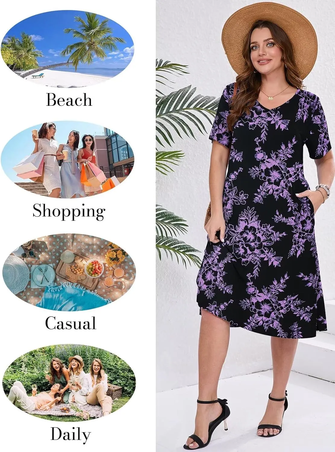 BELAROI Womens Plus Size Midi Dress Summer Dresses V Neck Short Sleeve Casual Long T Shirt Dress Beach Pockets Split