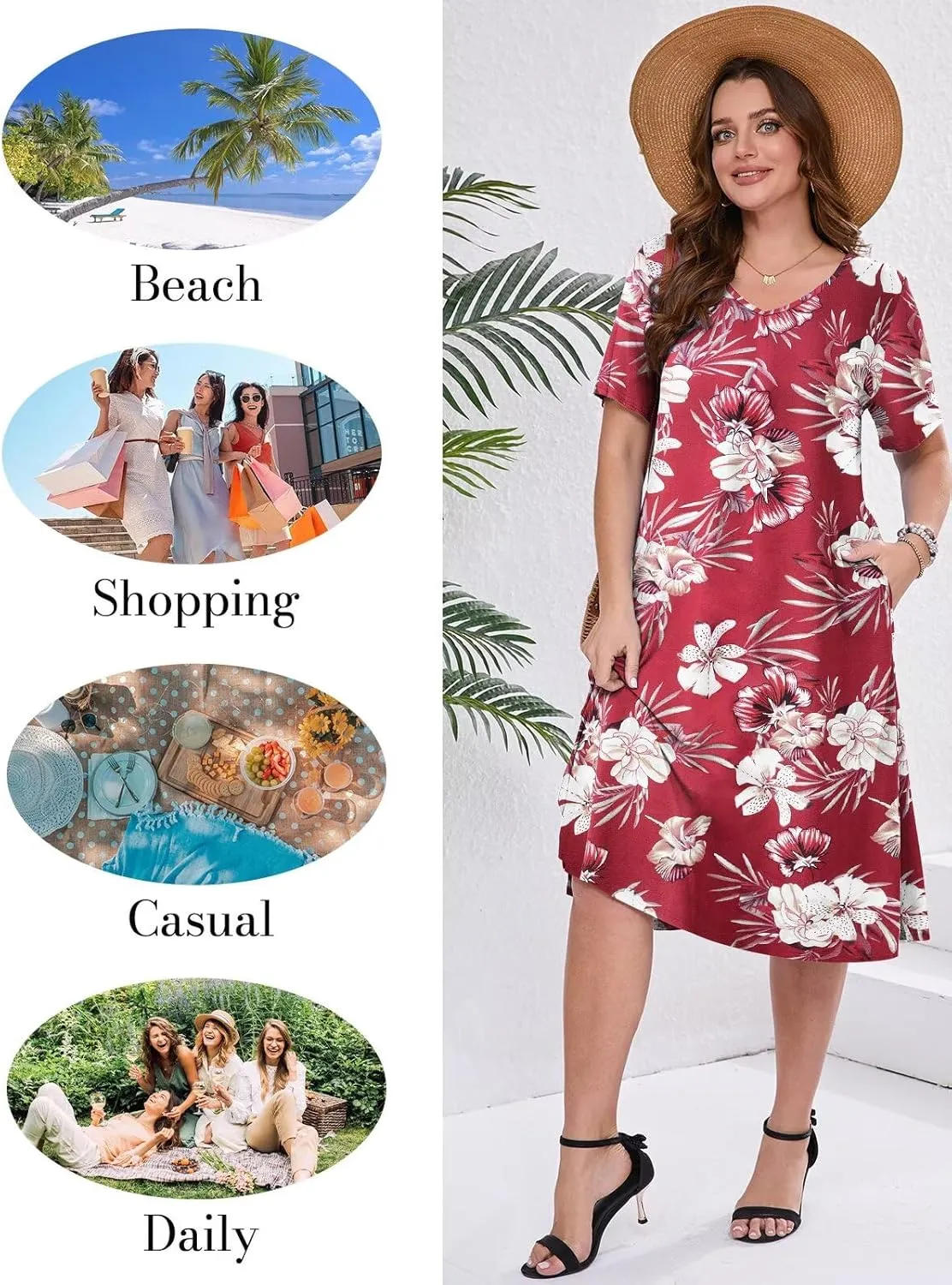 BELAROI Womens Plus Size Midi Dress Summer Dresses V Neck Short Sleeve Casual Long T Shirt Dress Beach Pockets Split
