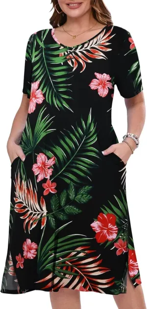 BELAROI Womens Plus Size Midi Dress Summer Dresses V Neck Short Sleeve Casual Long T Shirt Dress Beach Pockets Split