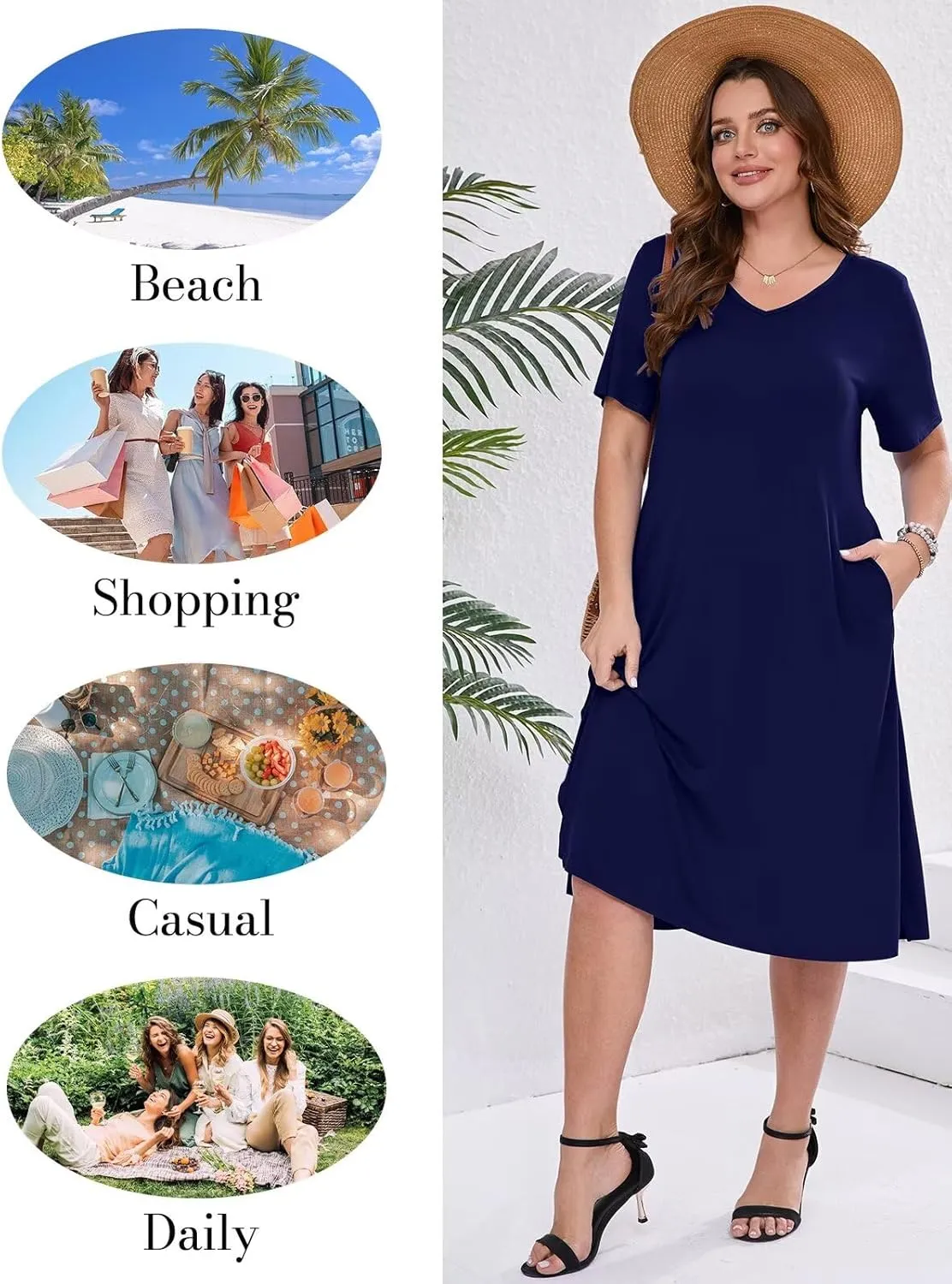 BELAROI Womens Plus Size Midi Dress Summer Dresses V Neck Short Sleeve Casual Long T Shirt Dress Beach Pockets Split