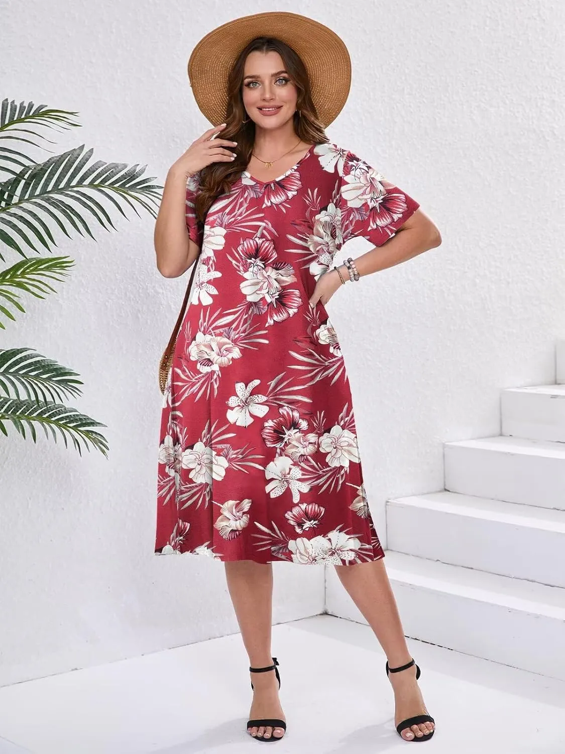 BELAROI Womens Plus Size Midi Dress Summer Dresses V Neck Short Sleeve Casual Long T Shirt Dress Beach Pockets Split