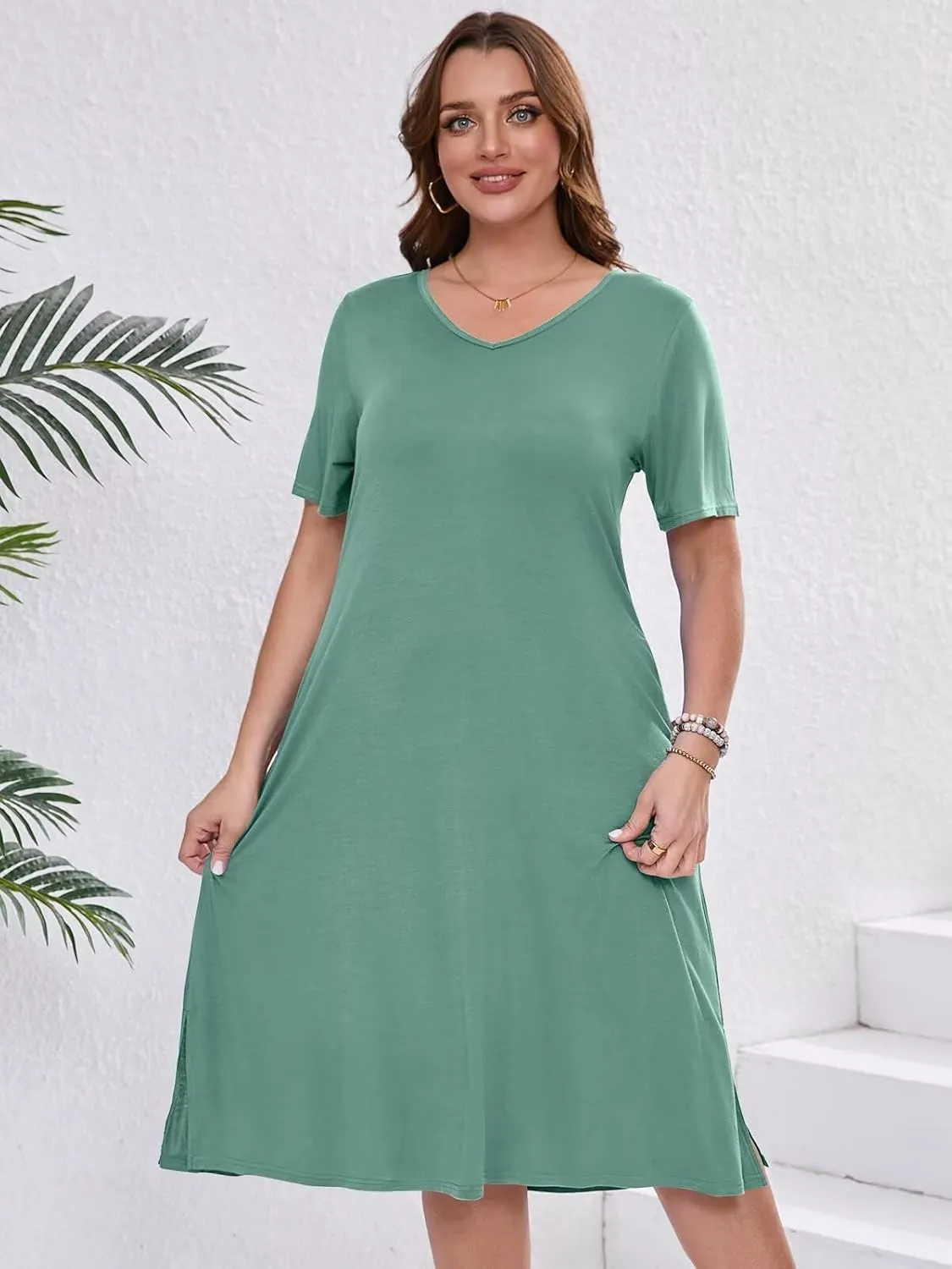 BELAROI Womens Plus Size Midi Dress Summer Dresses V Neck Short Sleeve Casual Long T Shirt Dress Beach Pockets Split