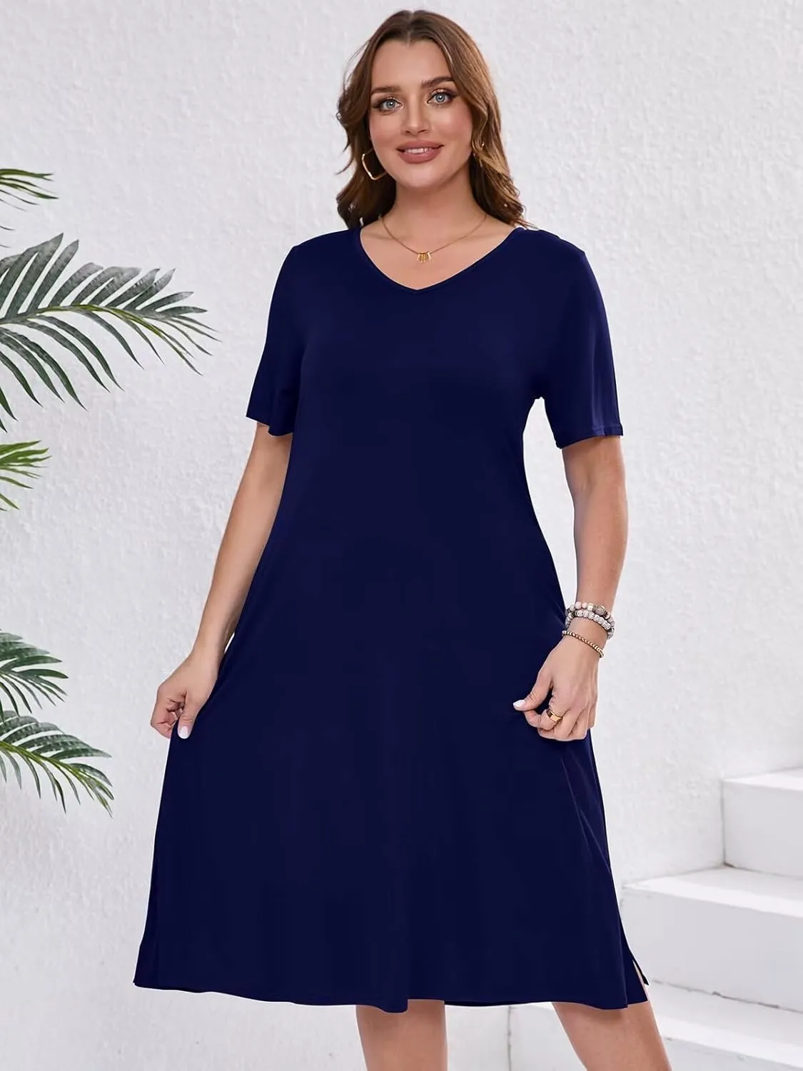 BELAROI Womens Plus Size Midi Dress Summer Dresses V Neck Short Sleeve Casual Long T Shirt Dress Beach Pockets Split