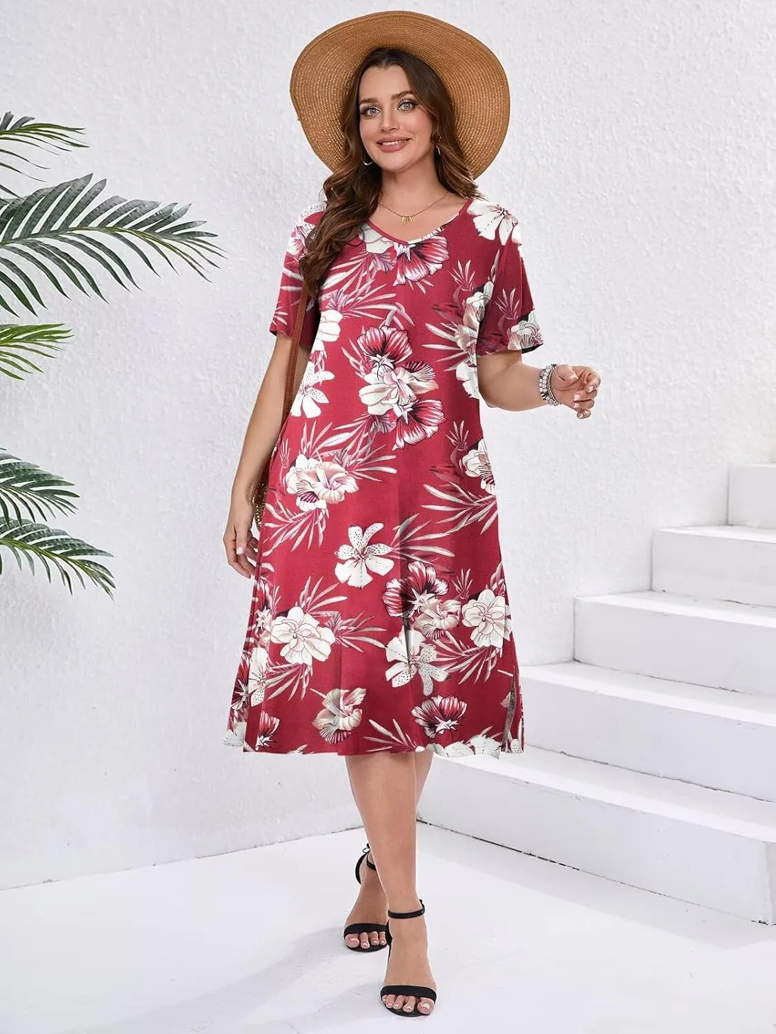 BELAROI Womens Plus Size Midi Dress Summer Dresses V Neck Short Sleeve Casual Long T Shirt Dress Beach Pockets Split