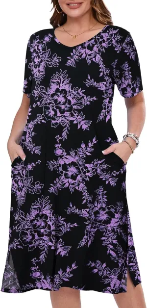 BELAROI Womens Plus Size Midi Dress Summer Dresses V Neck Short Sleeve Casual Long T Shirt Dress Beach Pockets Split