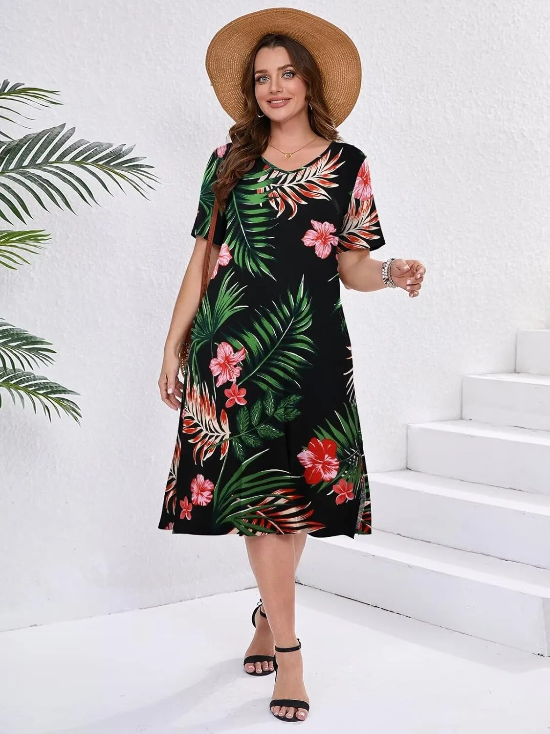 BELAROI Womens Plus Size Midi Dress Summer Dresses V Neck Short Sleeve Casual Long T Shirt Dress Beach Pockets Split
