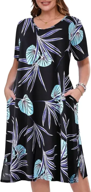 BELAROI Womens Plus Size Midi Dress Summer Dresses V Neck Short Sleeve Casual Long T Shirt Dress Beach Pockets Split