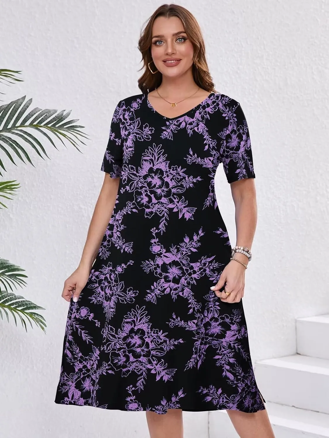 BELAROI Womens Plus Size Midi Dress Summer Dresses V Neck Short Sleeve Casual Long T Shirt Dress Beach Pockets Split