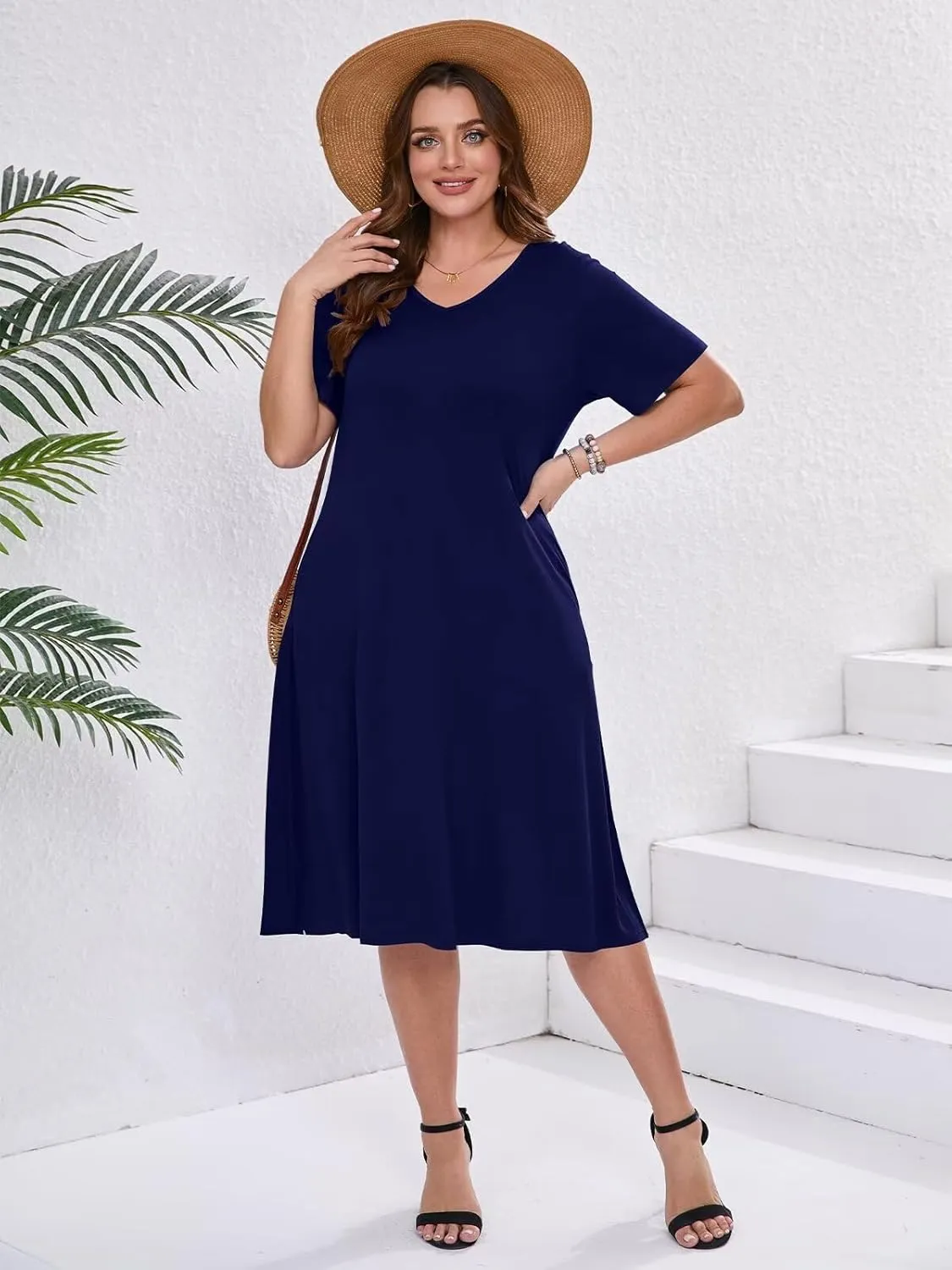 BELAROI Womens Plus Size Midi Dress Summer Dresses V Neck Short Sleeve Casual Long T Shirt Dress Beach Pockets Split
