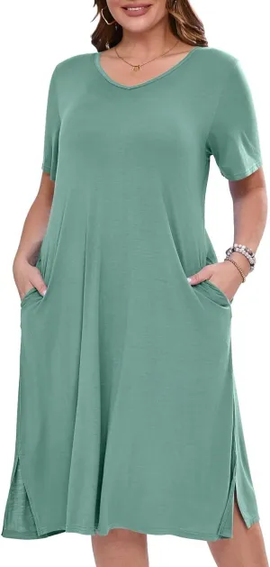 BELAROI Womens Plus Size Midi Dress Summer Dresses V Neck Short Sleeve Casual Long T Shirt Dress Beach Pockets Split