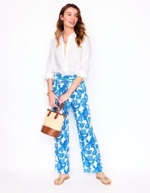 Belted Linen Trousers-Cerulean Blue, Paisley Whirl