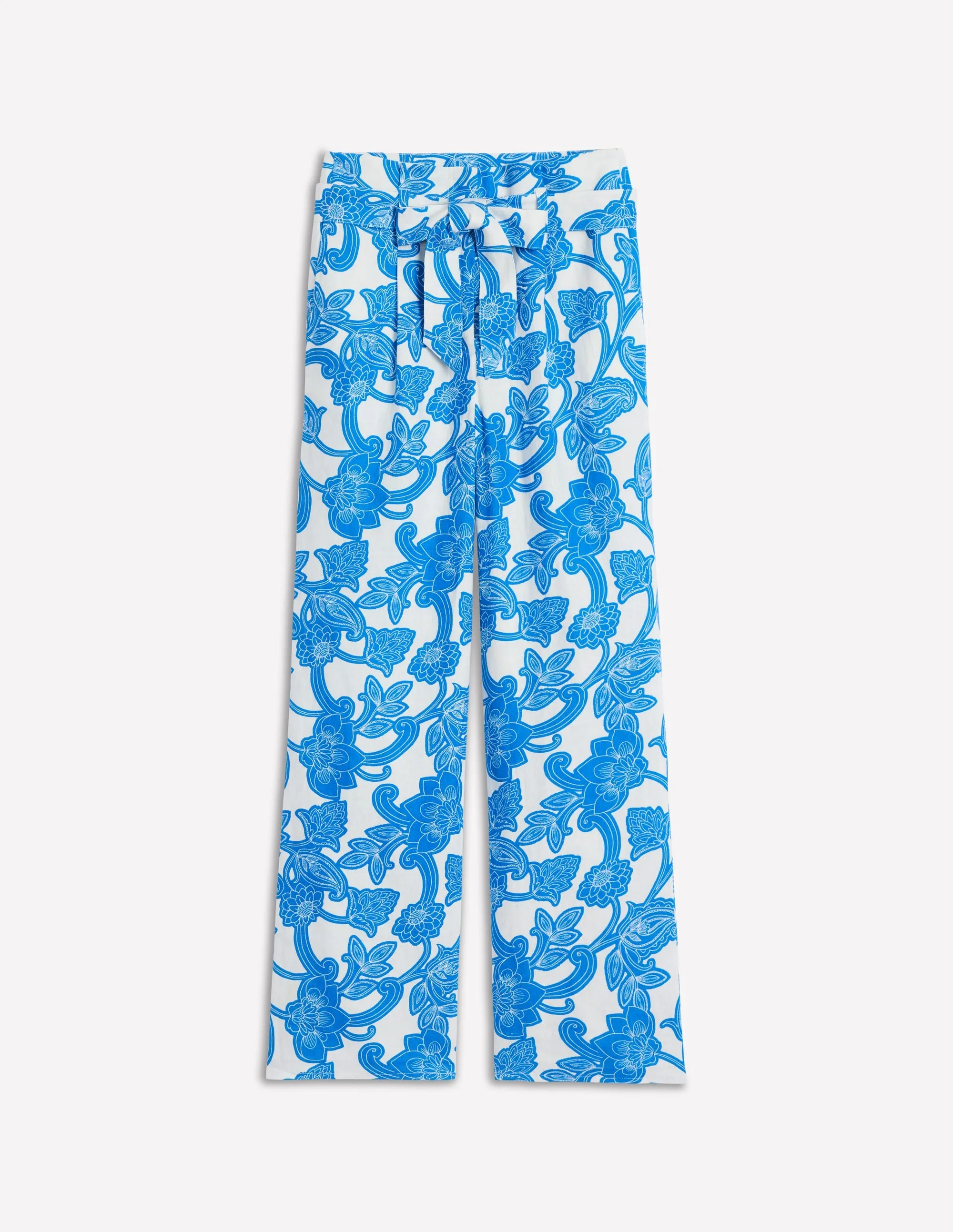 Belted Linen Trousers-Cerulean Blue, Paisley Whirl