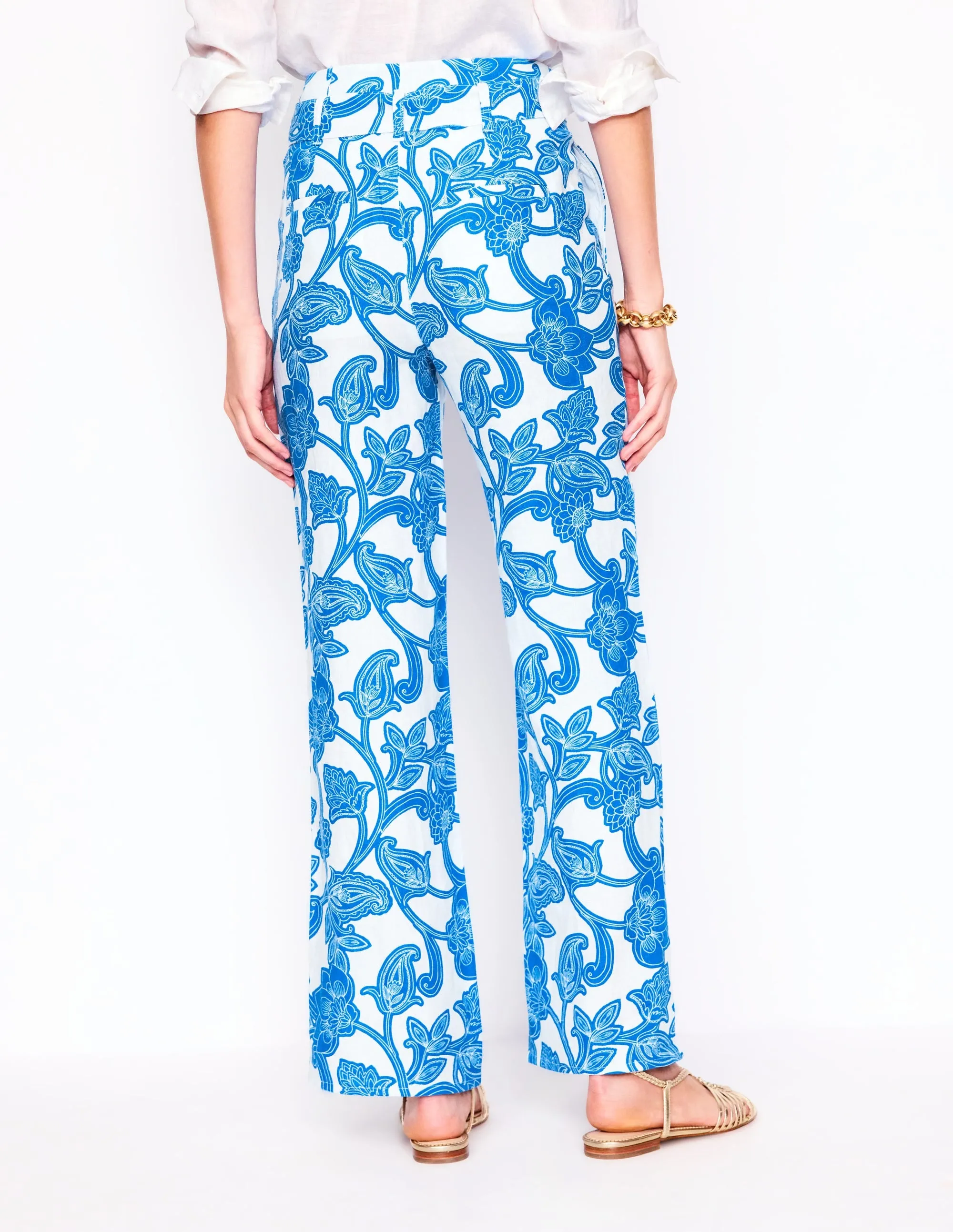 Belted Linen Trousers-Cerulean Blue, Paisley Whirl