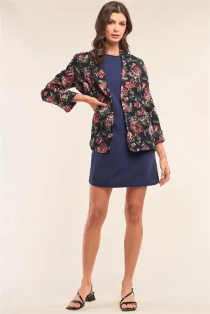 Black Multicolor Floral Brocade Open Front Vintage Chic Blazer /2-2-1