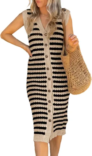 BLENCOT Women's V Neck Striped Summer Tank Dress Causal Sleeveless Button Cardigan Midi Cover Up Dresses