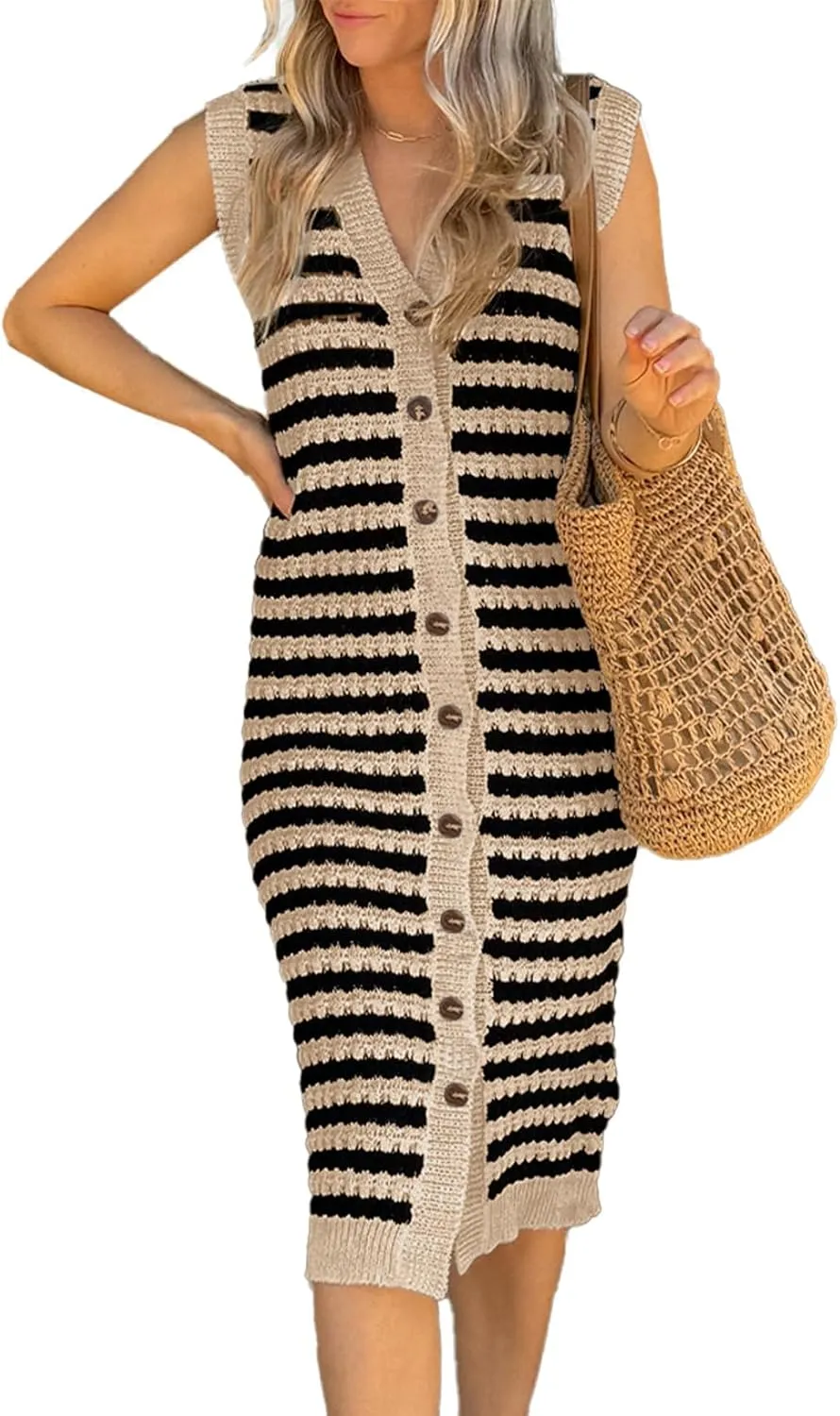 BLENCOT Women's V Neck Striped Summer Tank Dress Causal Sleeveless Button Cardigan Midi Cover Up Dresses