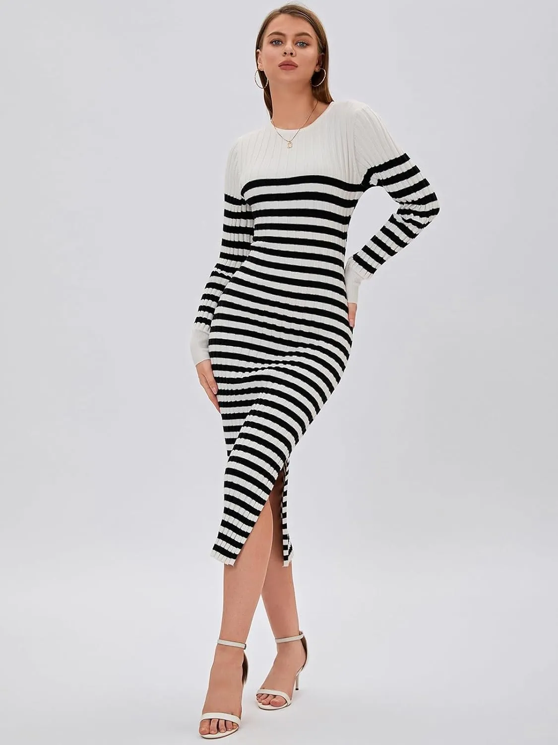 Bloggerlove Women's Striped Sweater Dress Long Sleeve Crew Neck Slim Fit Ribbed Knit Bodycon Midi Dresses with Slit 2024 Fall