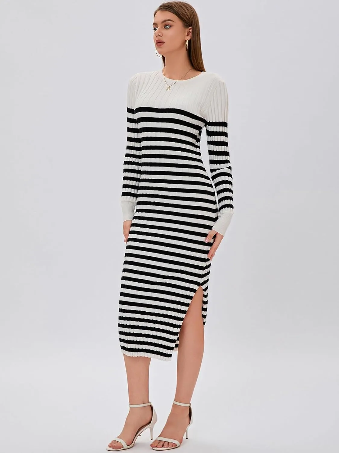 Bloggerlove Women's Striped Sweater Dress Long Sleeve Crew Neck Slim Fit Ribbed Knit Bodycon Midi Dresses with Slit 2024 Fall