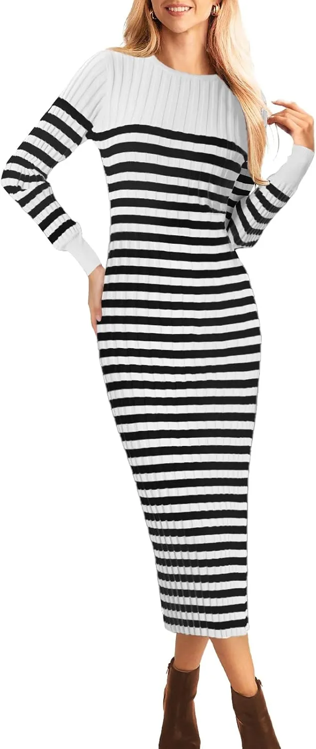Bloggerlove Women's Striped Sweater Dress Long Sleeve Crew Neck Slim Fit Ribbed Knit Bodycon Midi Dresses with Slit 2024 Fall