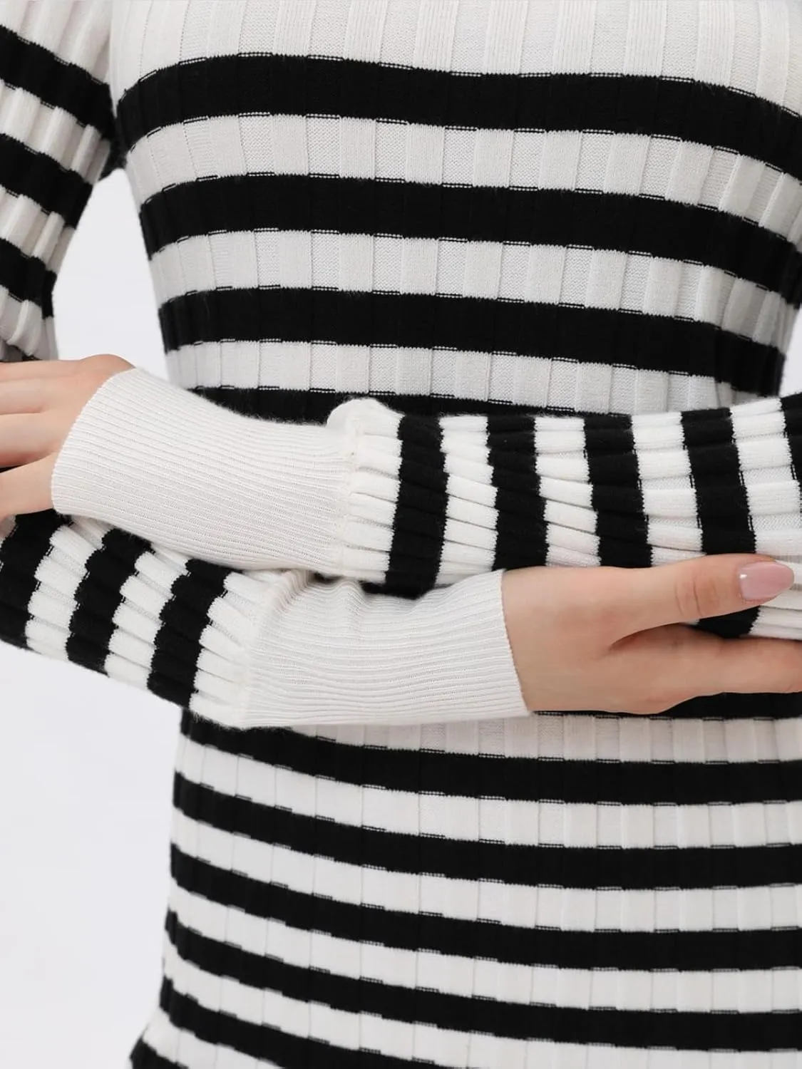 Bloggerlove Women's Striped Sweater Dress Long Sleeve Crew Neck Slim Fit Ribbed Knit Bodycon Midi Dresses with Slit 2024 Fall