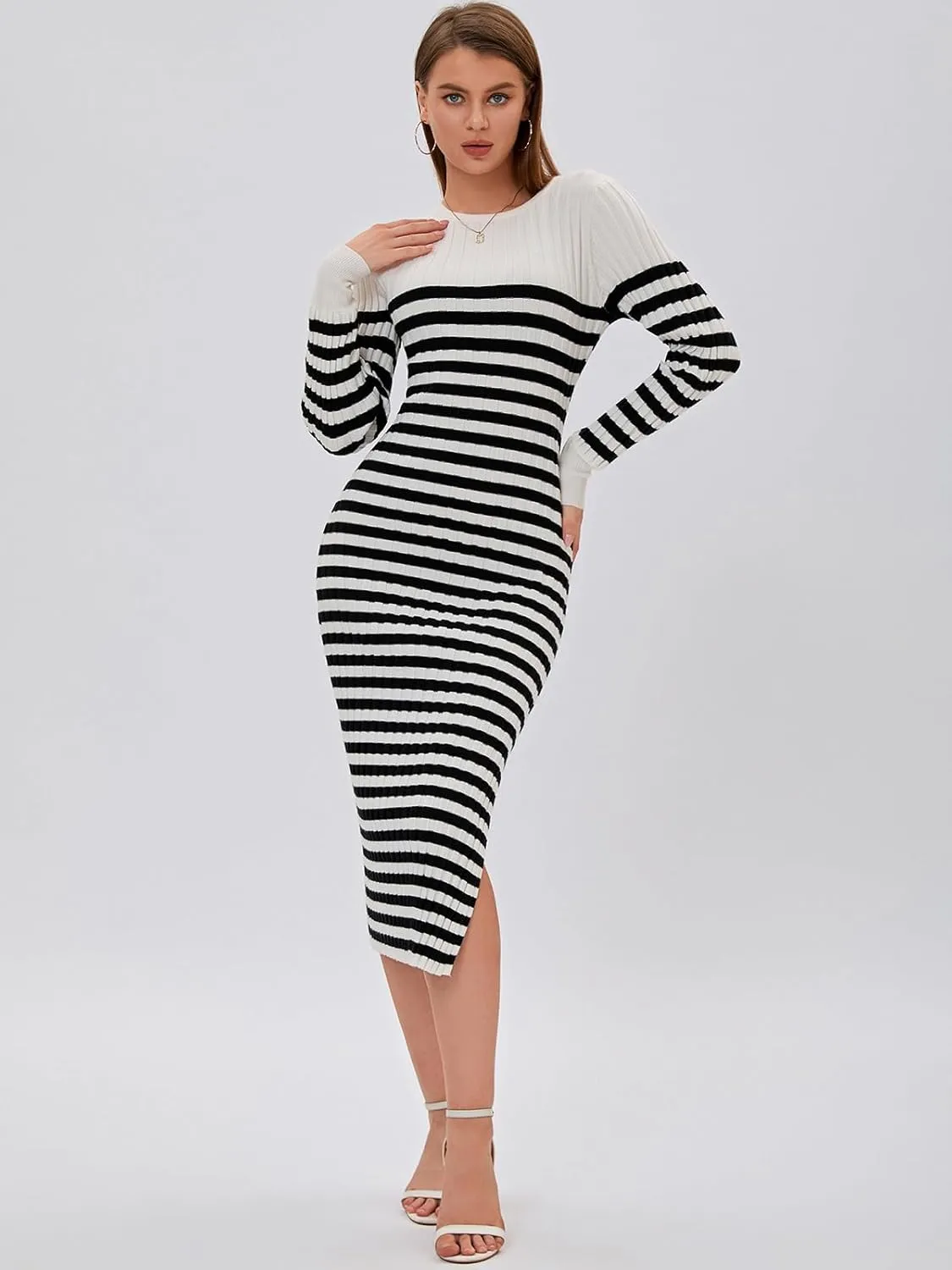 Bloggerlove Women's Striped Sweater Dress Long Sleeve Crew Neck Slim Fit Ribbed Knit Bodycon Midi Dresses with Slit 2024 Fall