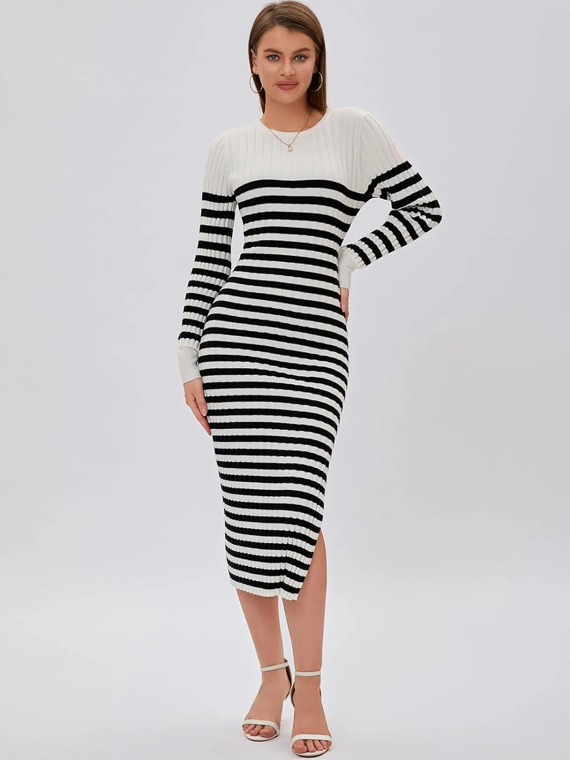 Bloggerlove Women's Striped Sweater Dress Long Sleeve Crew Neck Slim Fit Ribbed Knit Bodycon Midi Dresses with Slit 2024 Fall