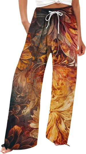 Boho Pants for Women Floral Print Cotton Linen Pant Elastic Waist Drawstring Summer Beach Baggy Trousers with Pocket