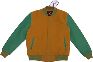 Bomber Jacket Men Motorcycle Biker Racer Baseball Letterman Varsity Jacket Wool Cowhide Leather Dark Green Sleeve