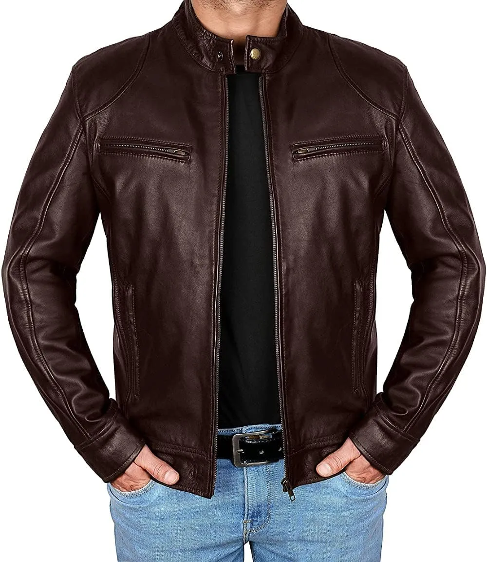 Brown Leather Jacket Mens Real Lambskin Vintage Biker Jacket Men - Mens Black Leather Jacket