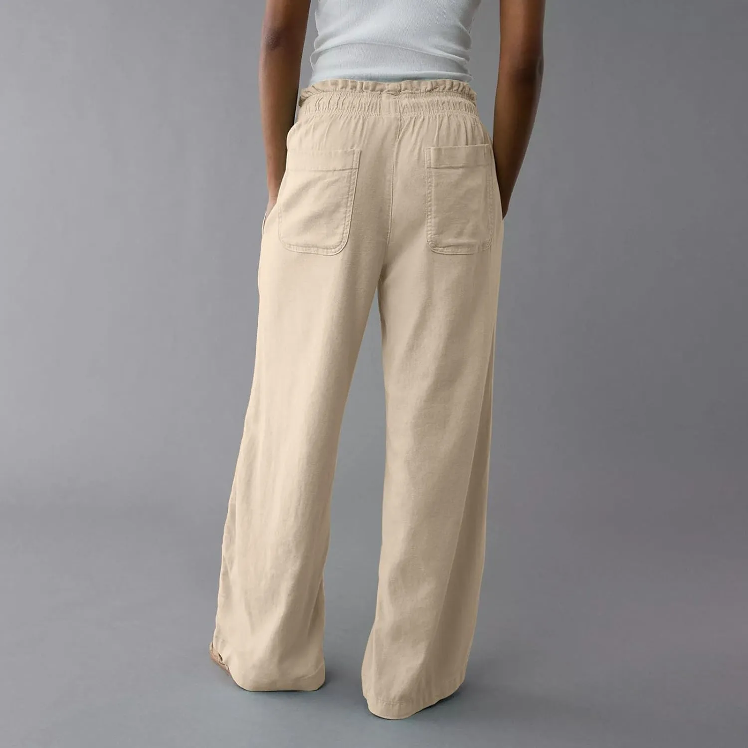 Business Casual Pants for Women Summer Drawstring High Waisted Linen Pants Comfy Cotton Linen Trousers with Pockets