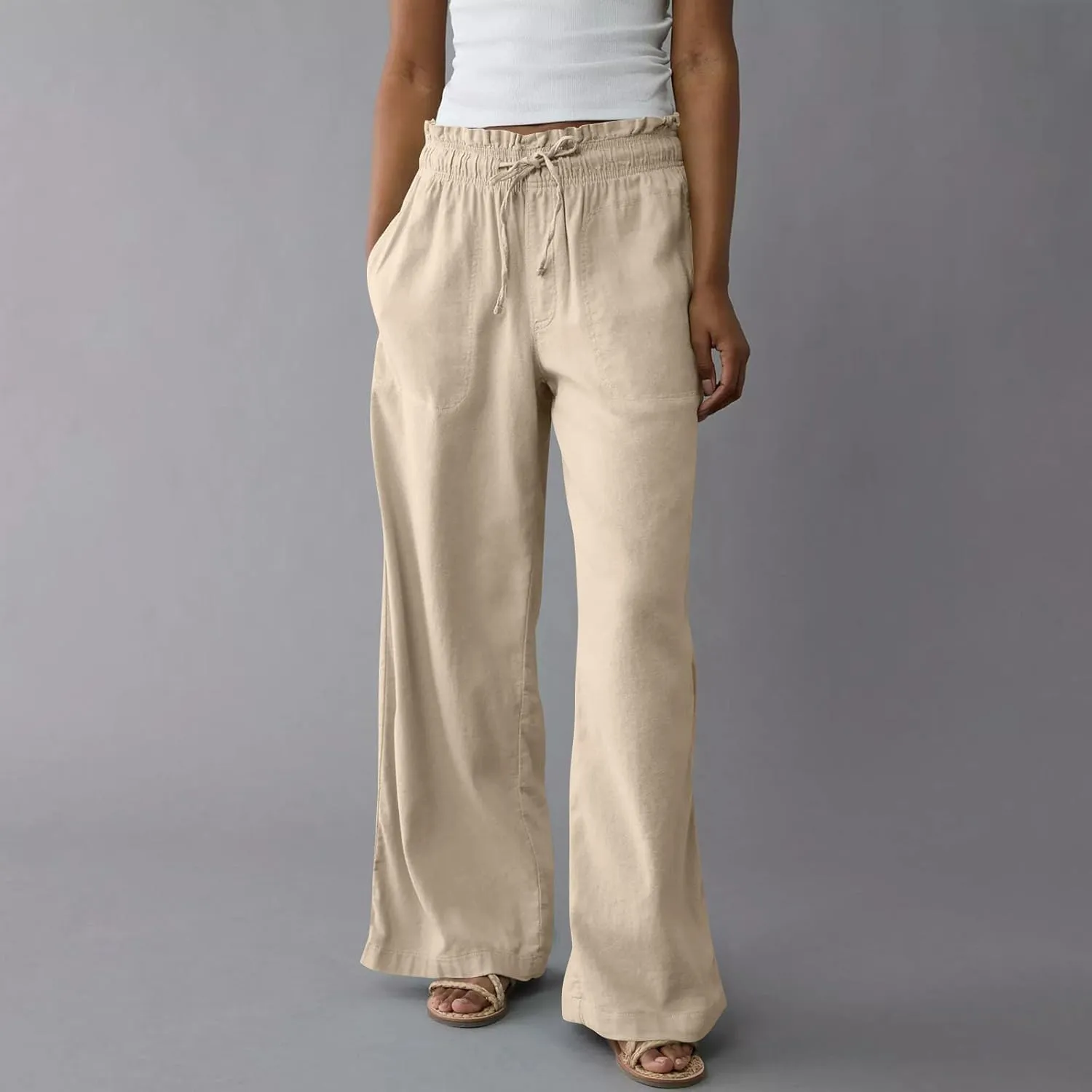 Business Casual Pants for Women Summer Drawstring High Waisted Linen Pants Comfy Cotton Linen Trousers with Pockets