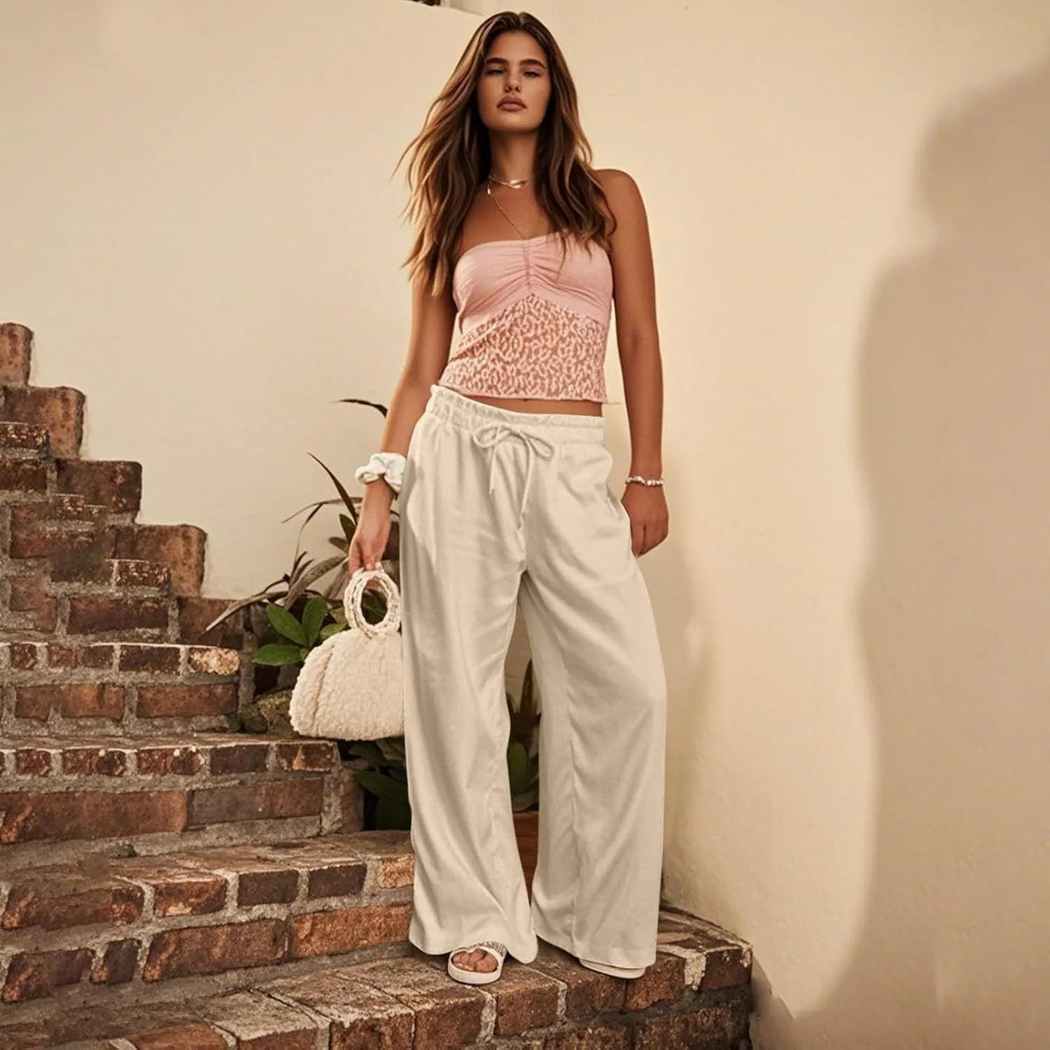 Business Casual Pants for Women Summer Drawstring High Waisted Linen Pants Comfy Cotton Linen Trousers with Pockets